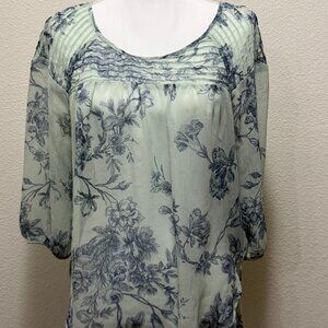 Lauren Conrad mint green blue floral sheer blouse, pleated neckline, Large